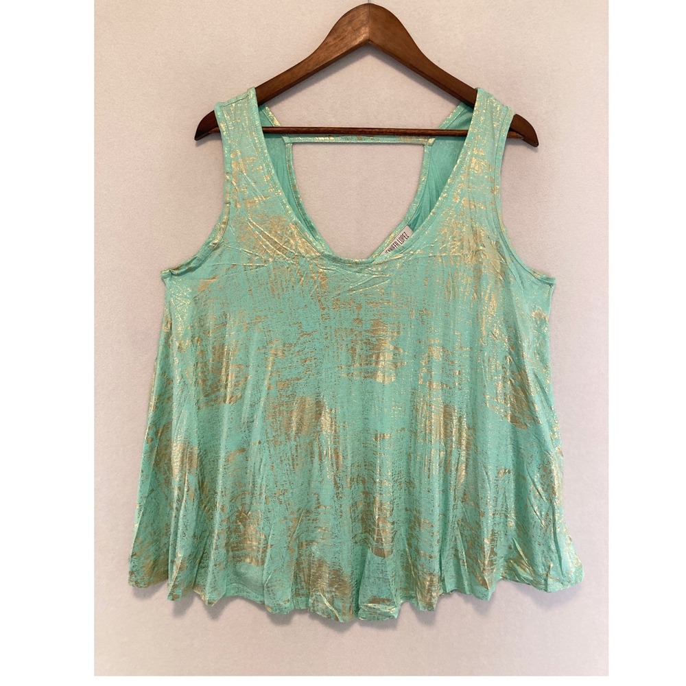 Glam Jennifer Lopez Womens 0X Mint Green Gold Foil Swing Tank Top V-Neck Strappy